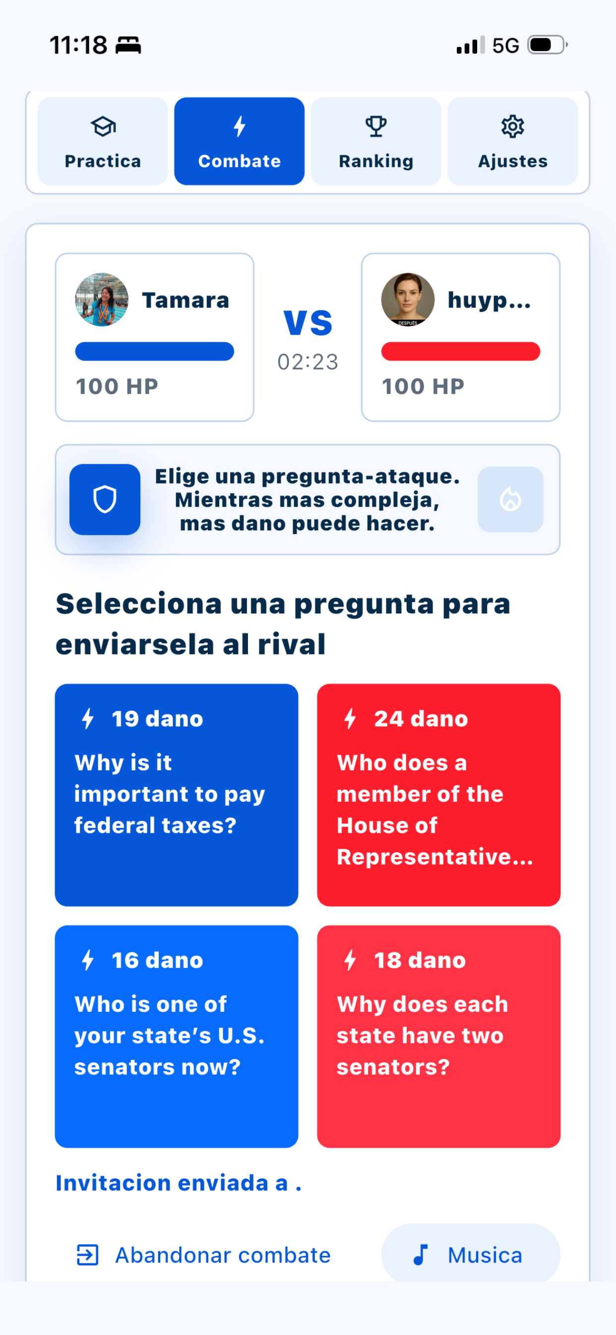 Modo combate de la app Citizenship Flashcards