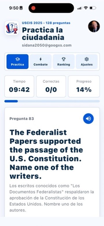 Pantalla de flashcards para practicar ciudadanía